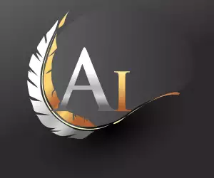 a golden and silver logo with a feather.
